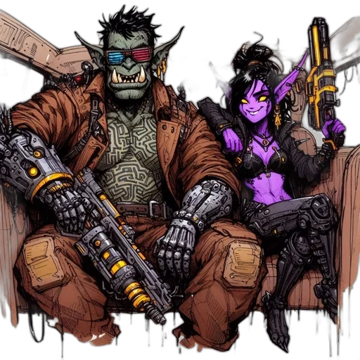comic book art, concept art, fantasy art, cyberpunk, two, characters, one, humanoid transparent PNG cut-out