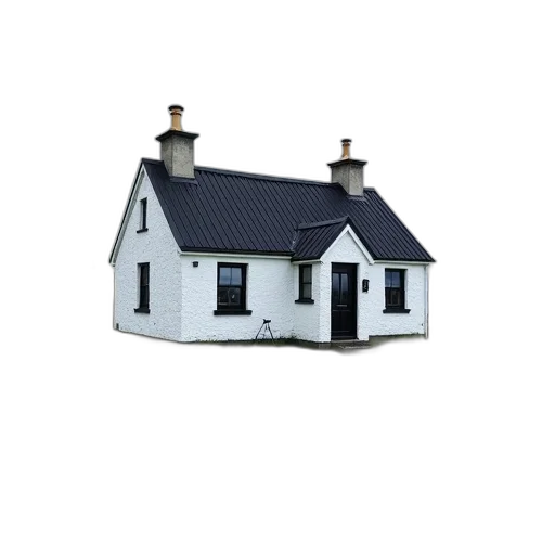 building, 3d render, photorealistic, concept art, quaint, white, cottage, black transparent PNG cut-out
