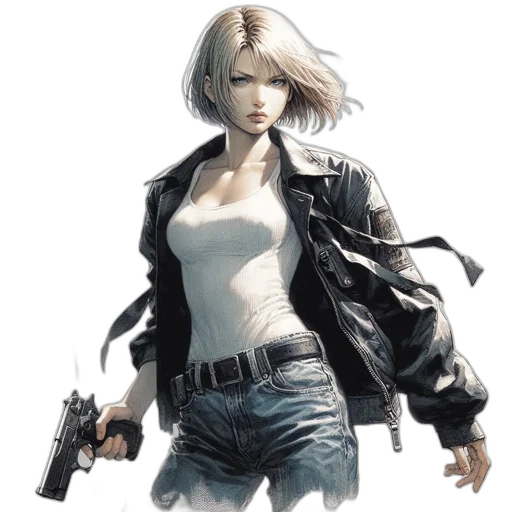 jacket, weapon, concept art, comic book art, cyberpunk, photorealistic, determined, woman transparent PNG cut-out