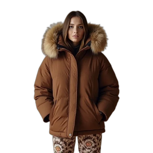 jacket, earth tones, person, wearing, brown, puffer, fur-lined, hood transparent PNG cut-out