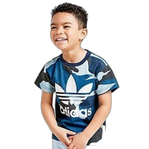 young, boy, wearing, blue, adidas, camouflage, t-shirt, smiles transparent PNG cut-out