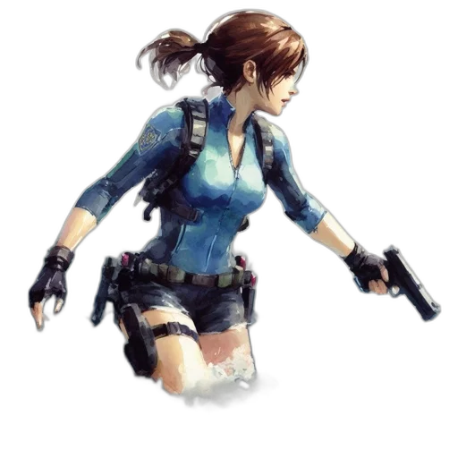weapon, jacket, concept art, pixel art, cyberpunk, watercolor, blue, woman transparent PNG cut-out