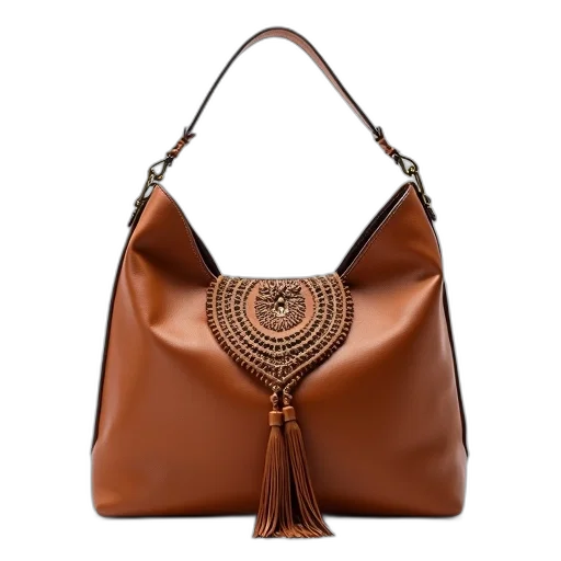 jewelry, brown, leather, handbag, tassel, detail, front, metal transparent PNG cut-out