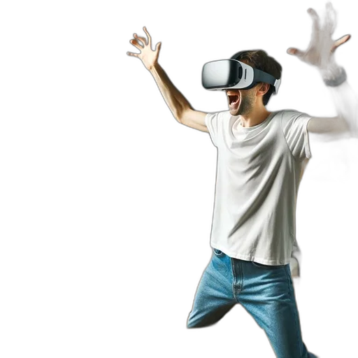concept art, 3d render, man, bedroom, uses, headset, standing, near transparent PNG cut-out