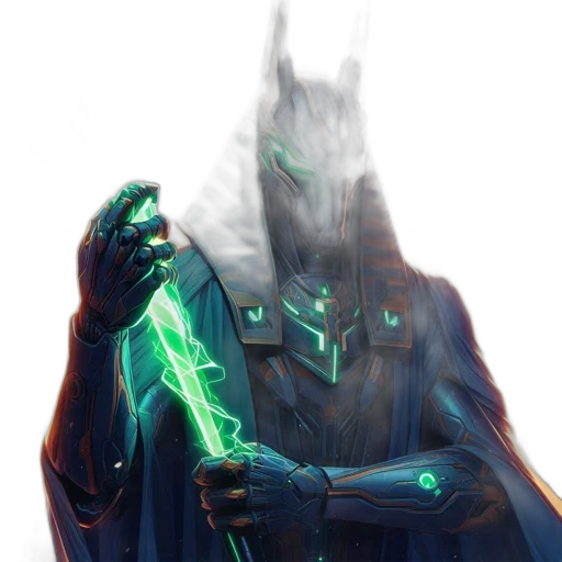 mask, staff, robot, sword, concept art, cyberpunk, fantasy art, comic book art transparent PNG cut-out
