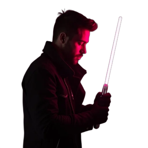 staff, jacket, sword, weapon, cyberpunk, neon lights, neon, man transparent PNG cut-out