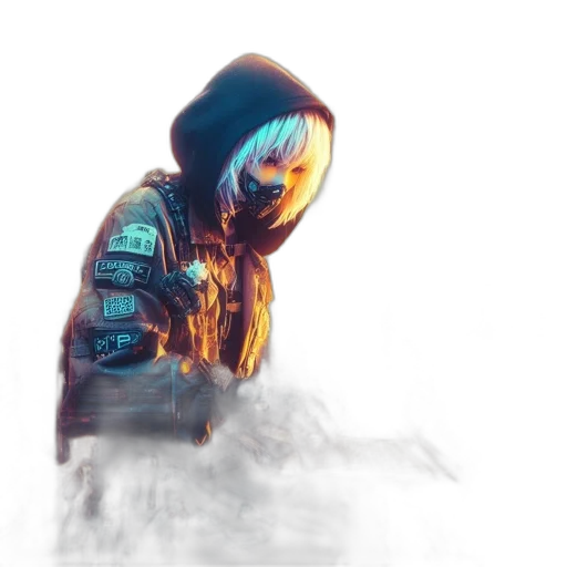 jacket, mask, robot, face, concept art, 3d render, cyberpunk, fantasy art transparent PNG cut-out