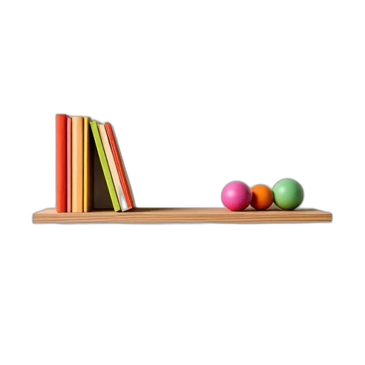 furniture, 3d render, colorful, wooden, shelf, set, books, left transparent PNG cut-out