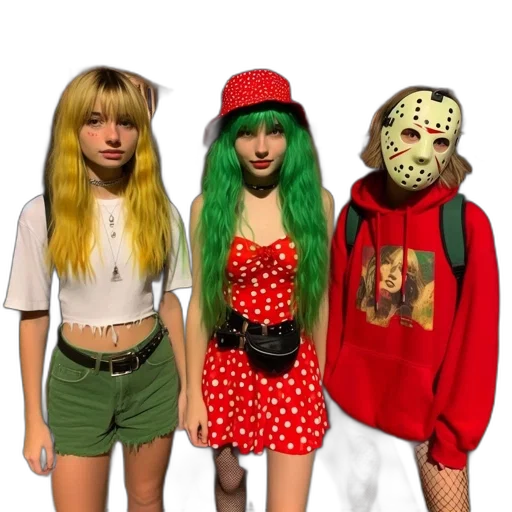 mask, dress, concept art, green, neon, red, three, young transparent PNG cut-out