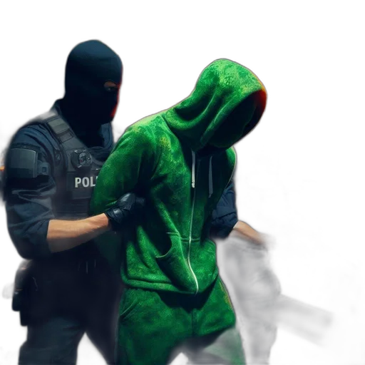 jacket, weapon, mask, staff, concept art, 3d render, photorealistic, vaporwave transparent PNG cut-out