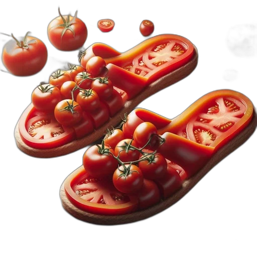 shoes, food, photorealistic, 3d render, red, artistic, representation, sandals transparent PNG cut-out