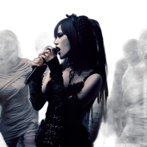 concept art, photorealistic, 3d render, female, performer, gothic, attire, sings transparent PNG cut-out