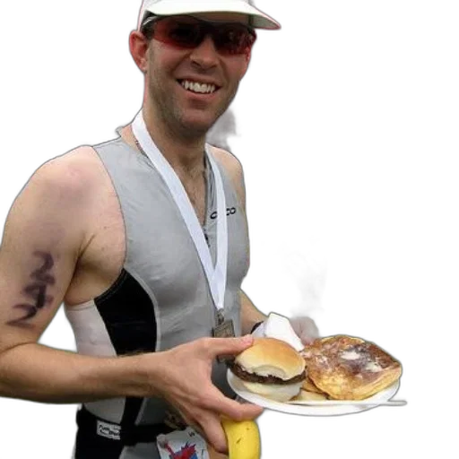 food, man, grey, tank, top, holding, plate, pancakes transparent PNG cut-out
