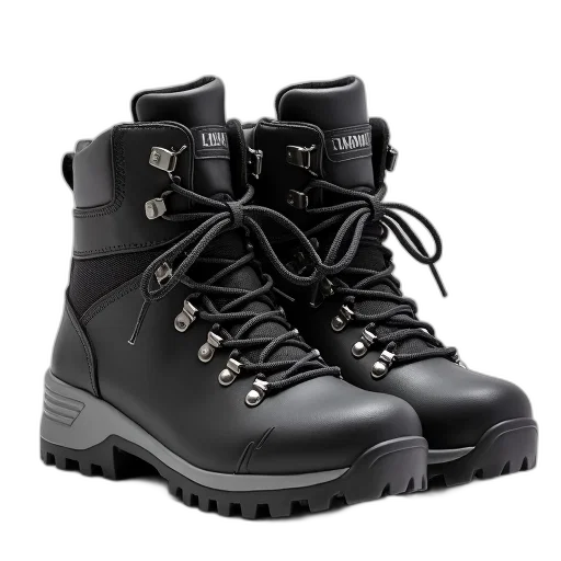 shoes, 3d render, pair, black, hiking, boots, rugged, sole transparent PNG cut-out