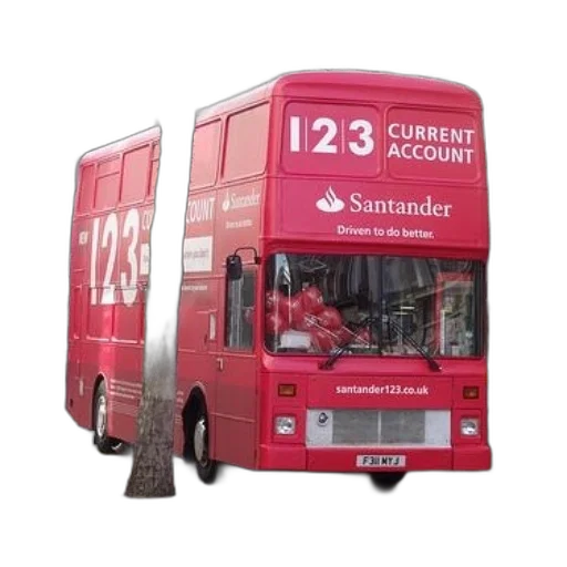 3d render, red, double-decker, bus, santander, branding, front transparent PNG cut-out