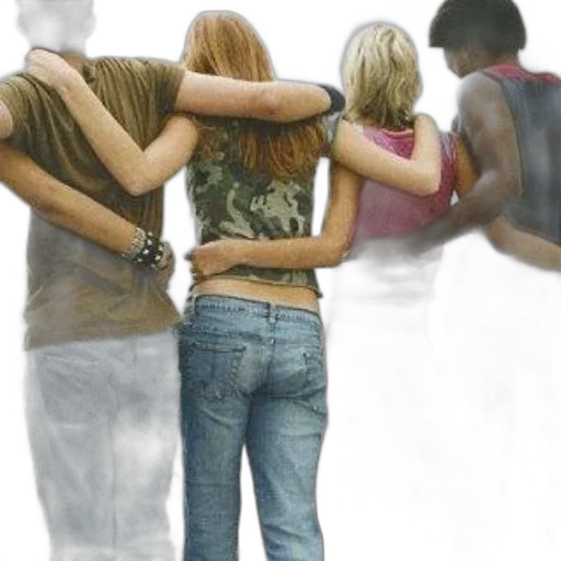 four, friends, stand, line, arms, around, each, other transparent PNG cut-out