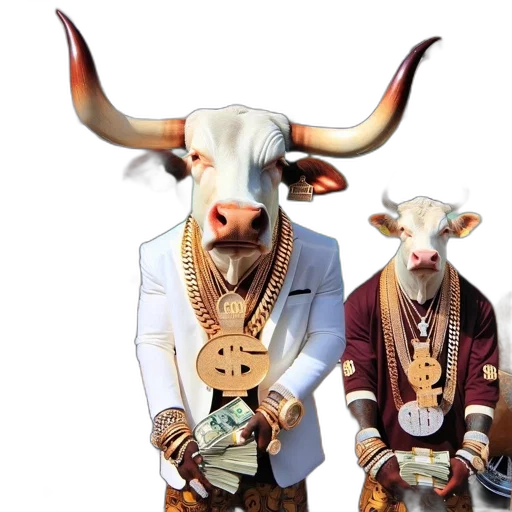 jewelry, concept art, 3d render, four, anthropomorphic, animals, two, cows transparent PNG cut-out