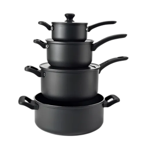 food, 3d render, set, six, pots, pans, matte, finish transparent PNG cut-out