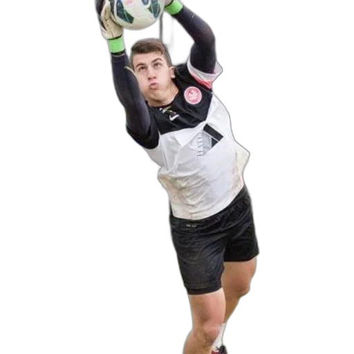 soccer, player, black, white, uniform, reaching, catch, ball transparent PNG cut-out