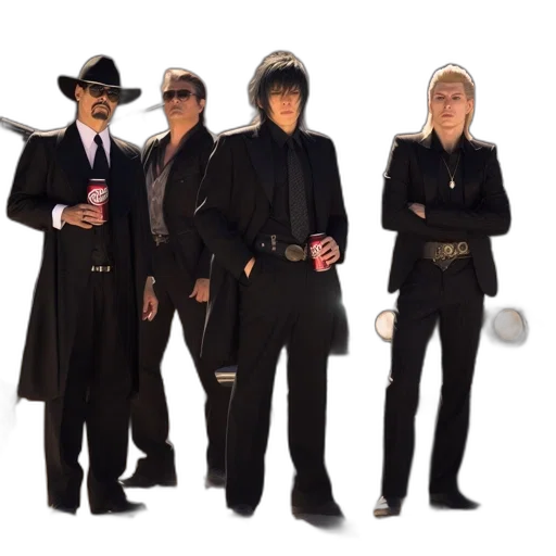 staff, hat, jacket, four, individuals, stand, outdoors, against transparent PNG cut-out