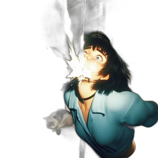 face, staff, jacket, weapon, comic book art, concept art, photorealistic, vaporwave transparent PNG cut-out