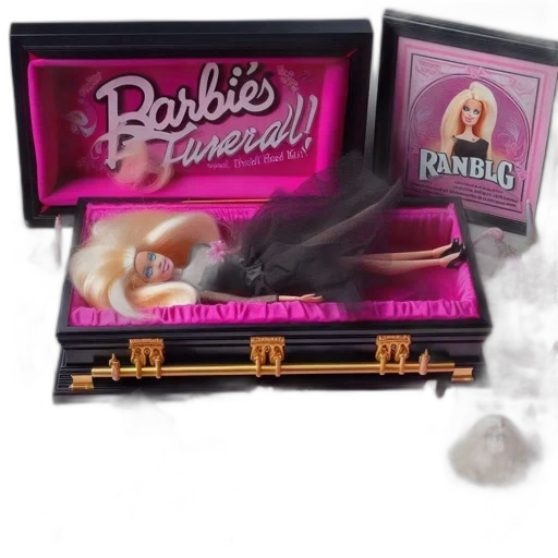 collection, barbie, dolls, accessories, arranged, around, pink, coffin transparent PNG cut-out