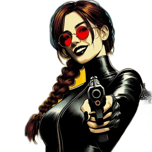weapon, jacket, comic book art, concept art, cartoon, cyberpunk, woman, brown transparent PNG cut-out