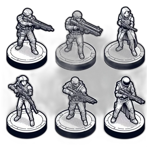 concept art, monochrome, six, illustrated, soldier, figures, stand, circular transparent PNG cut-out