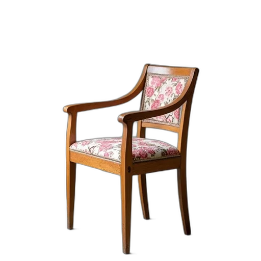 furniture, 3d render, photorealistic, wooden, chair, floral, patterned, fabric transparent PNG cut-out