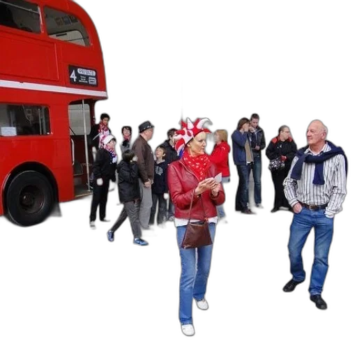 city street, snow, woman, red, jacket, hat, stands, front transparent PNG cut-out