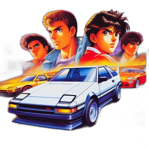 car, concept art, vaporwave, anime, pixel art, neon lights, fire, four transparent PNG cut-out