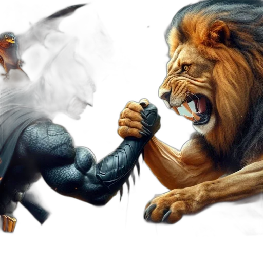 concept art, fantasy art, photorealistic, comic book art, fire, batman, wrestles, lion transparent PNG cut-out