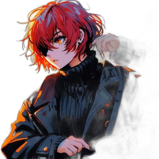 jacket, staff, mask, weapon, pixel art, anime, concept art, watercolor transparent PNG cut-out