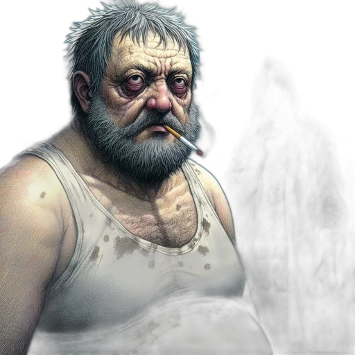 concept art, fantasy art, photorealistic, comic book art, old, man, smokes, dense transparent PNG cut-out