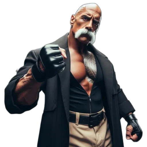 jacket, staff, concept art, muscular, man, bald, head, white transparent PNG cut-out