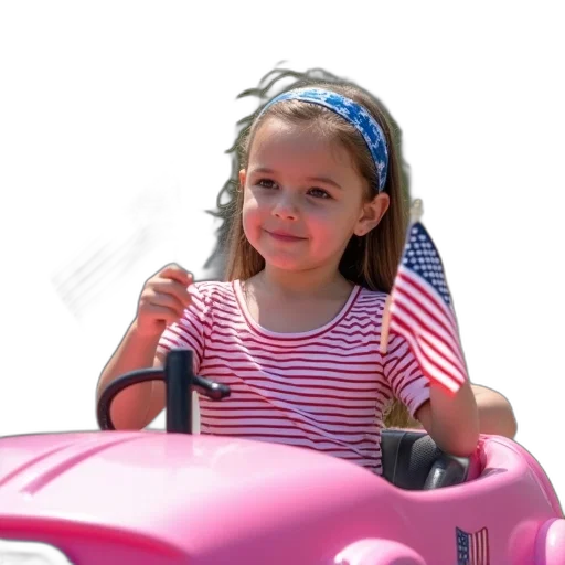 car, photorealistic, young, girl, sitting, pink, toy, decorated transparent PNG cut-out