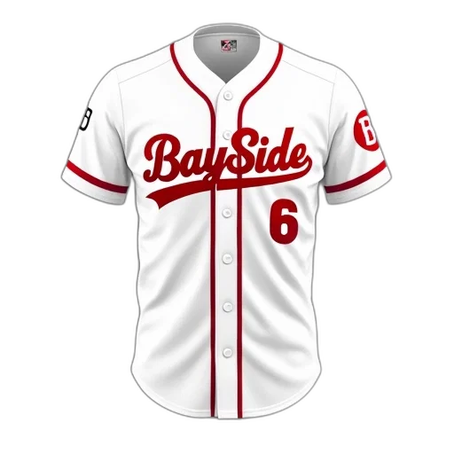 white, baseball, jersey, red, stripes, word, bayside, written transparent PNG cut-out