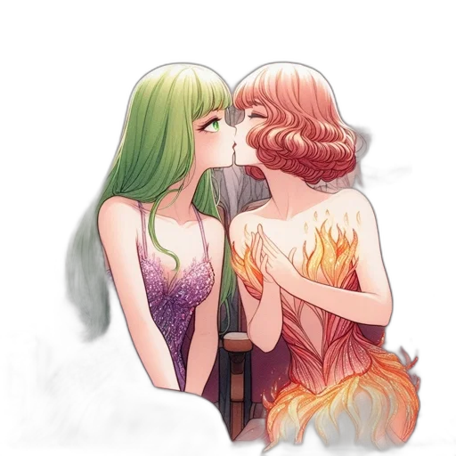 watercolor, fantasy art, concept art, anime, fire, green, animated, scene transparent PNG cut-out