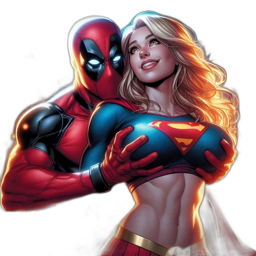comic book art, concept art, deadpool, supergirl, stand, together, amidst, bustling transparent PNG cut-out