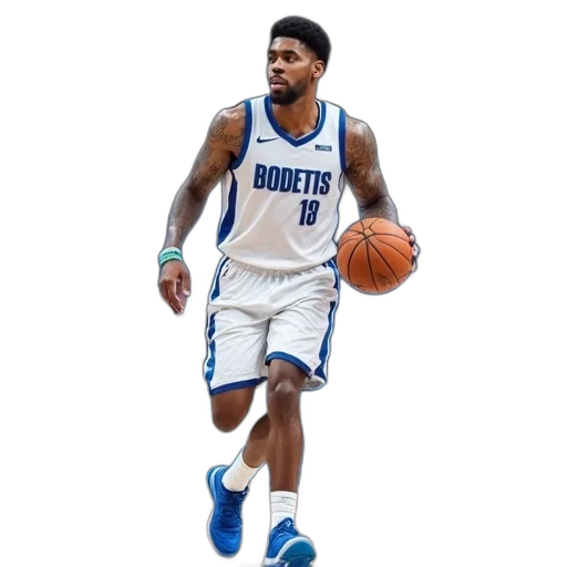 basketball, player, white, blue, uniform, dribbling, court, wearing transparent PNG cut-out