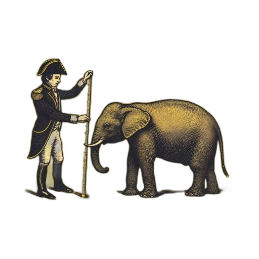 staff, animal, concept art, illustration, depicts, man, measuring, elephant transparent PNG cut-out