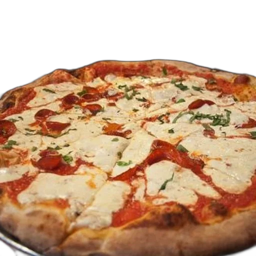 food, 3d render, photorealistic, delicious, pepperoni, pizza, fresh, basil transparent PNG cut-out
