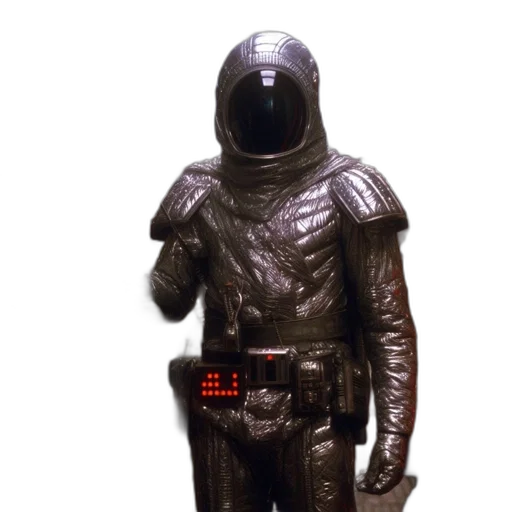 jacket, robot, staff, sword, 3d render, concept art, cyberpunk, outer space transparent PNG cut-out