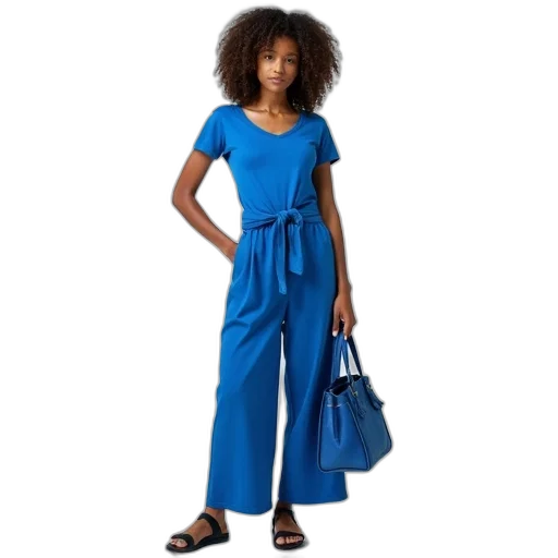 dress, blue, person, curly, hair, wearing, t-shirt, pants transparent PNG cut-out