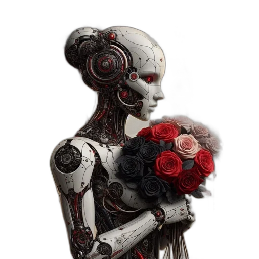 robot, dress, jewelry, concept art, cyberpunk, fantasy art, 3d render, red transparent PNG cut-out
