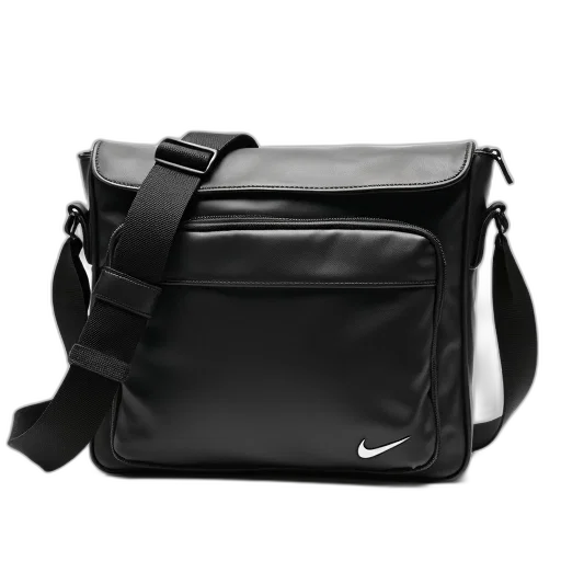 black, leather, messenger, bag, front, pocket, nike, swoosh transparent PNG cut-out