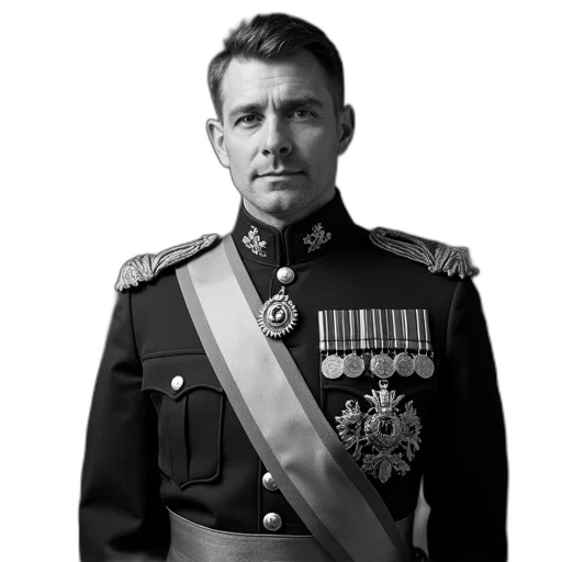 staff, crown, jacket, face, photorealistic, concept art, black, white transparent PNG cut-out
