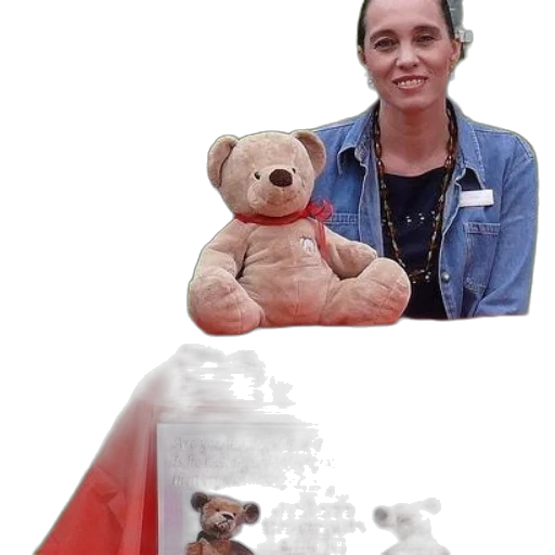 woman, sits, behind, table, teddy, bear, sign, reads transparent PNG cut-out