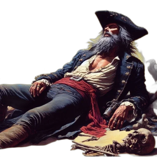 photorealistic, concept art, grizzled, pirate, lies, ground, beneath, gold-tinted transparent PNG cut-out
