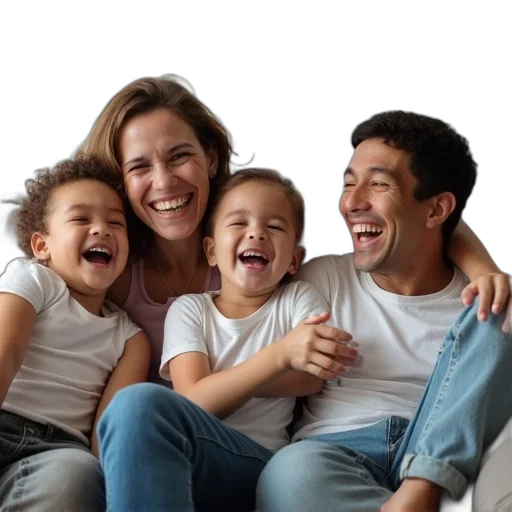 young, family, four, sitting, couch, laughing transparent PNG cut-out